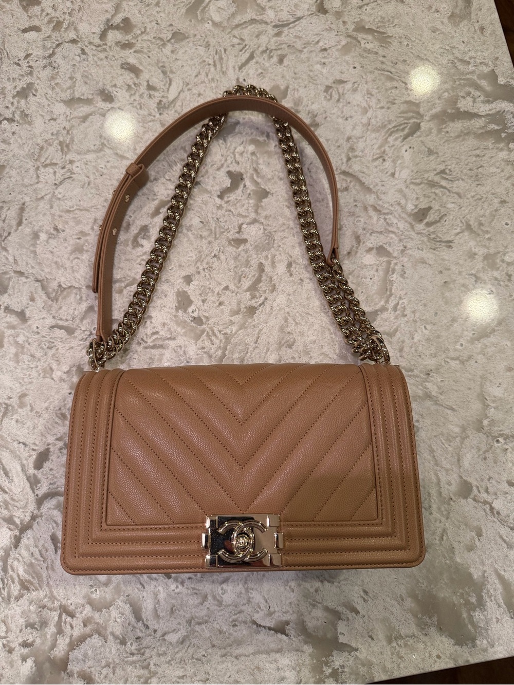 CHANEL Chevron Quilted Shoulder Bag in Tan with Gold Hardware - Picture 2 of 9